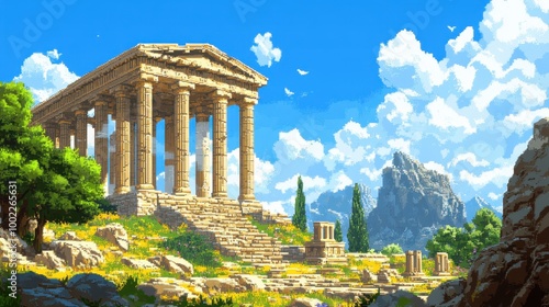 Ancient Greek Temple in Pixel Art Style