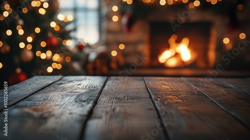 Cozy wooden table in front of a crackling fireplace with festive decorations ...