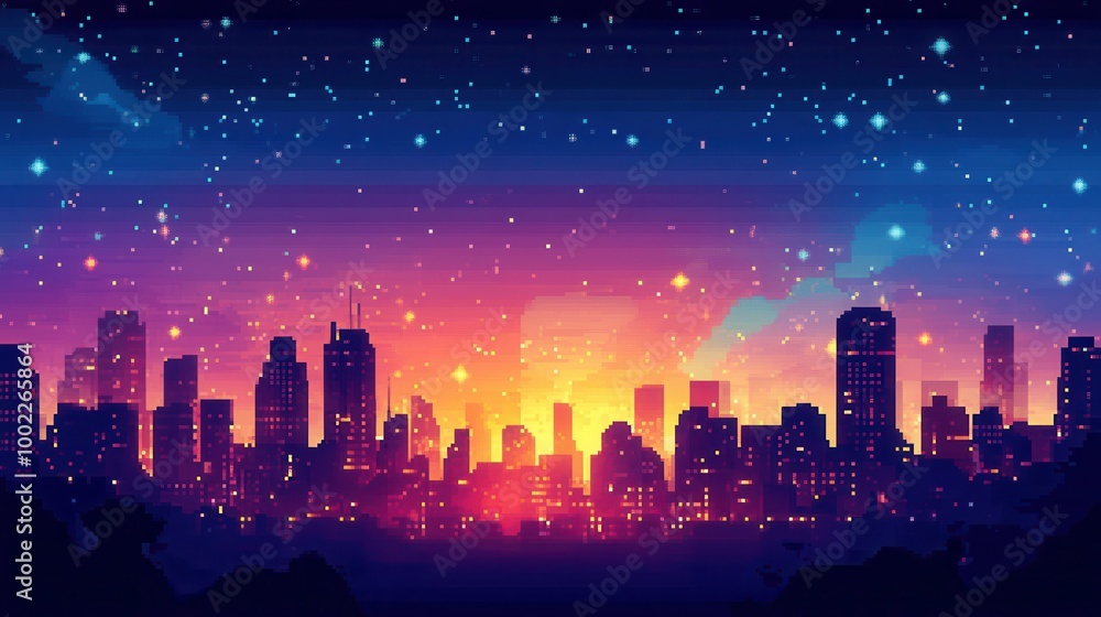 Pixelated City Skyline with Stars and Lights Pixelated City Skyline with Stars and Lights