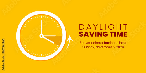 Fall back. Daylight saving time ends banner with alarm clock turning back one hour. Reminder schedule. Vector illustration