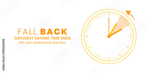 Fall back. Daylight saving time ends banner with alarm clock turning back one hour. Reminder schedule. Vector illustration