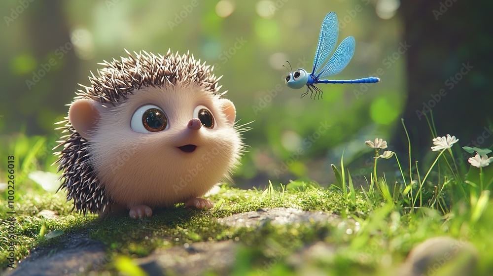 A hedgehog with a blue dragonfly on its back in the grass, next to another hedgehog with a blue dragonfly in the grass A hedgehog with a blue dragonfly on its back in the grass, next to another hedgehog with a blue dragonfly in the grass