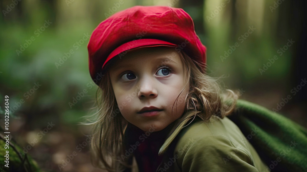 Interpretation of a fairy tale girl in a red hat, the background is an ancient dangerous forest. AI generated. Interpretation of a fairy tale girl in a red hat, the background is an ancient dangerous forest. AI generated.