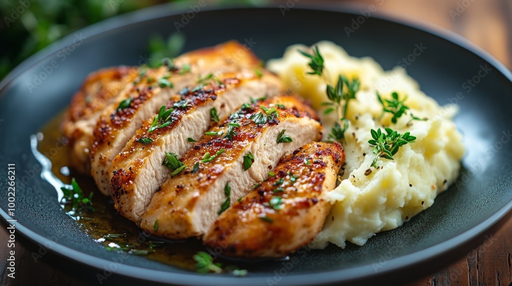 Grilled chicken breast served with creamy mashed potatoes and parsley garnish Grilled chicken breast served with creamy mashed potatoes and parsley garnish