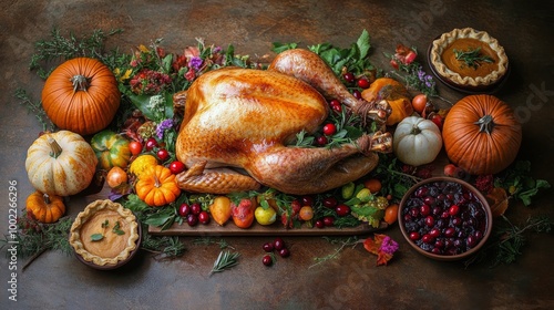 Thanksgiving feast featuring a beautifully roasted turkey, seasonal pies, and...