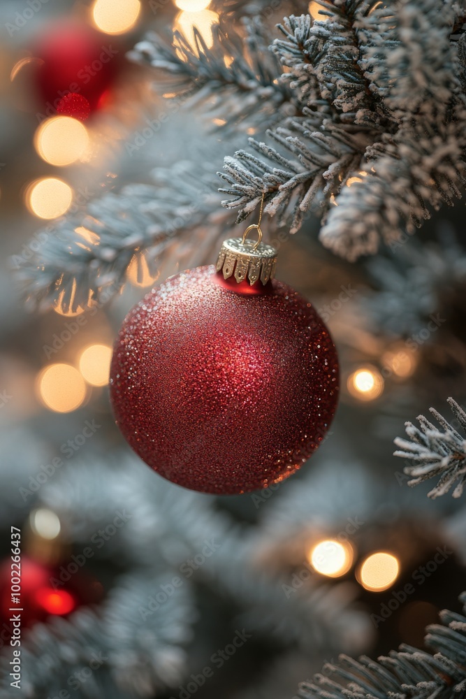 Sparkling red ornament hangs on Christmas tree beside a window with warm, glowing lights Sparkling red ornament hangs on Christmas tree beside a window with warm, glowing lights