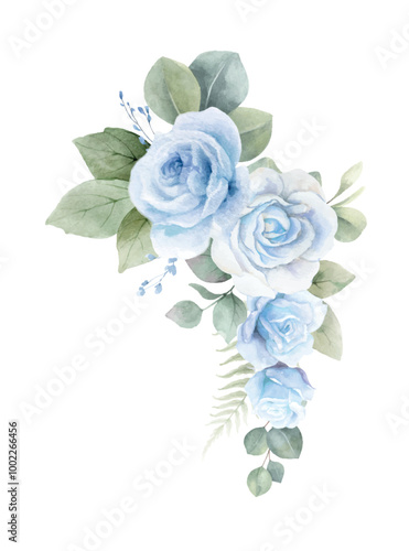 Dusty blue roses flowers and eucalyptus branches. Winter flowers. Watercolor vector floral bouquet. Foliage arrangement for wedding , greetings, wallpapers, fashion, decoration. Hand painted