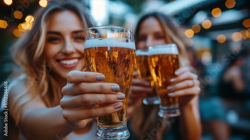 Friends enjoying craft beer at an outdoor bar during a summer evening gathering