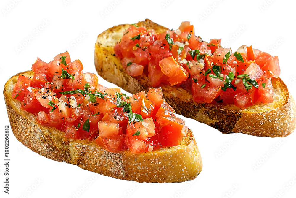 slices of bruschetta with garlic tomato and olive oil isolated on a transparent background, top view slices of bruschetta with garlic tomato and olive oil isolated on a transparent background, top view