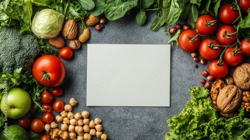 Fresh vegetables and nuts arranged around a blank card on a textured gray surface Fresh vegetables and nuts arranged around a blank card on a textured gray surface