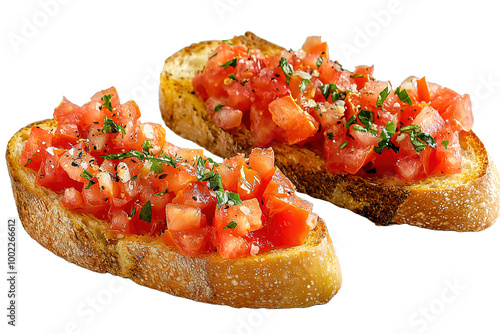 slices of bruschetta with garlic tomato and olive oil isolated on a transparent background, top view