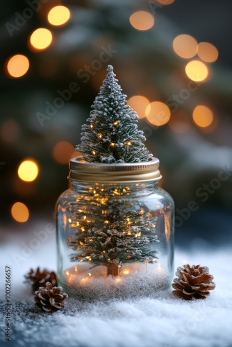 Snowy miniature Christmas tree inside a glass jar with warm lights and pine c...