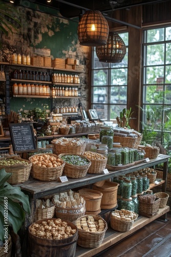 Cozy interior of a natural product shop featuring wooden shelves and decorati...