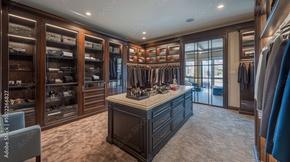 A luxurious master dressing room with a central island for accessories A luxurious master dressing room with a central island for accessories