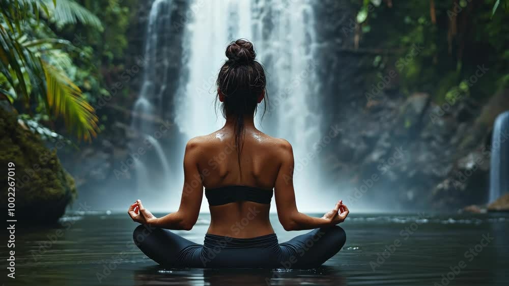 A woman meditates in front of a cascading waterfall in a tropical rainforest A woman meditates in front of a cascading waterfall in a tropical rainforest