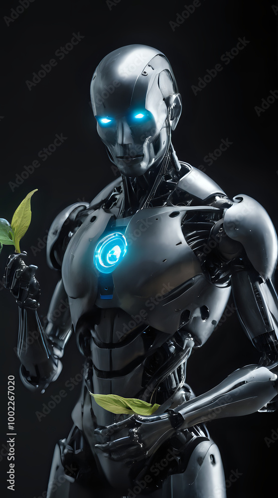 a robot holding a green leaf in his hand a robot holding a green leaf in his hand