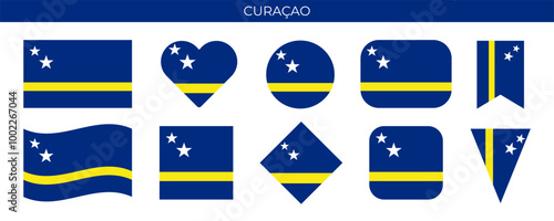 Curacao flag set. National flag in various shapes. Vector illustration isolated on white background