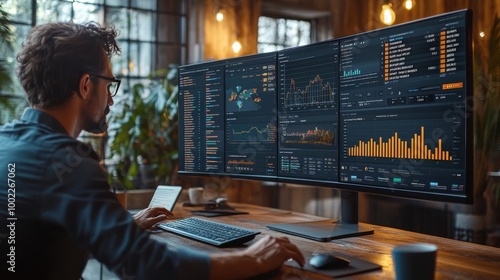 Focused data analyst reviewing performance metrics on multiple monitors durin...