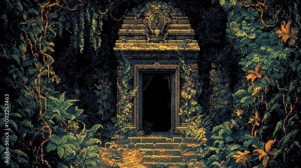 Pixel Art Jungle Temple Surrounded by Lush Vines Pixel Art Jungle Temple Surrounded by Lush Vines