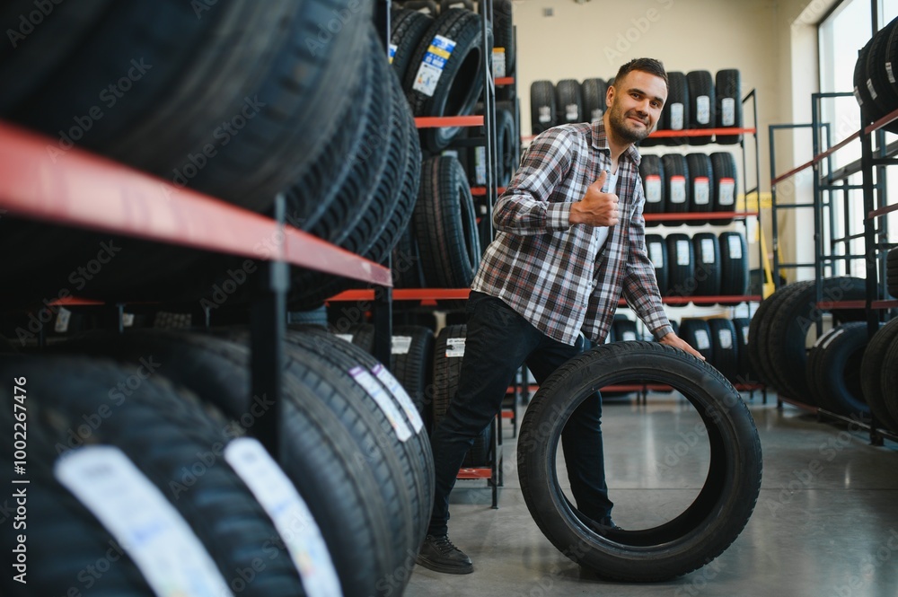 customer tire fitting in the car service, auto mechanic checks the tire and rubber tread for safety