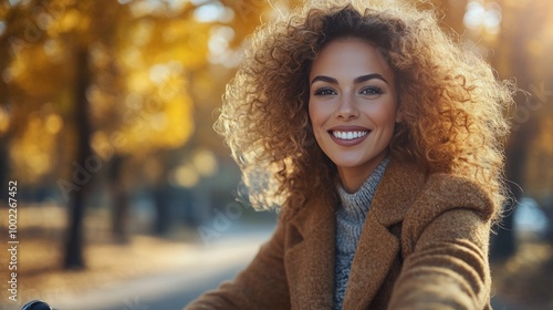 Young woman cycling through a park with autumn leaves in soft afternoon light
