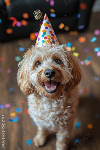 Happy dog celebrating a birthday with a party hat and colorful confetti in a ...