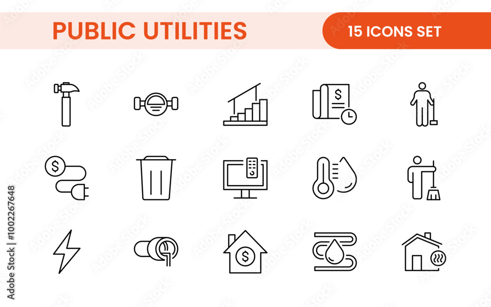 Fototapeta premium Public utilities linear signed icon collection. Signed thin line icons collection. Set of public utilities simple outline icons.