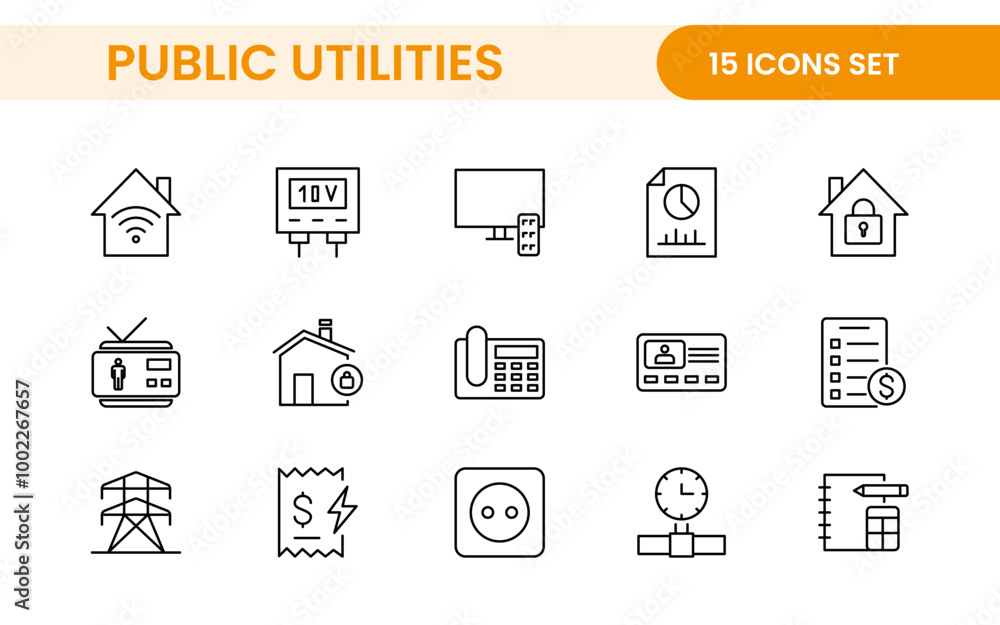 Public utilities linear signed icon collection. Signed thin line icons collection. Set of public utilities simple outline icons. Public utilities linear signed icon collection. Signed thin line icons collection. Set of public utilities simple outline icons.