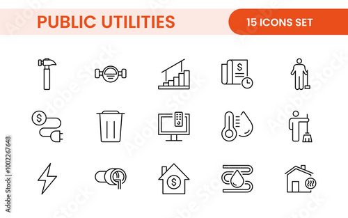 Public utilities linear signed icon collection. Signed thin line icons collection. Set of public utilities simple outline icons.