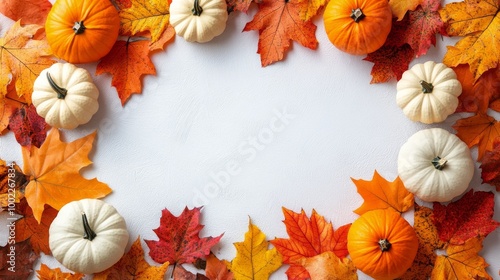 Autumn arrangement of pumpkins and colorful leaves on white background