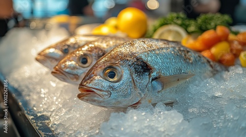 Freshly caught fish displayed on ice with lemon and herbs in a vibrant market...