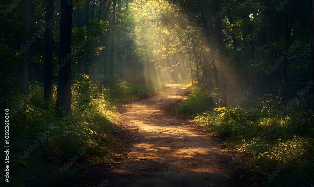 Fototapeta premium A serene forest path illuminated by soft, dappled sunlight, casting long shadows on the earthy trail, Generative AI