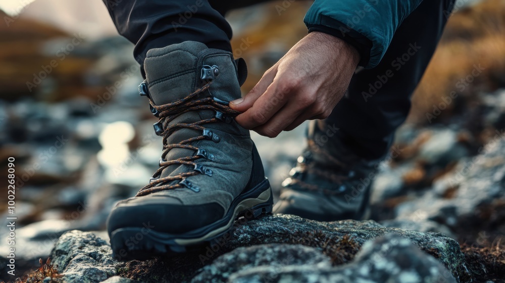 Close-up of a hiker tying the laces of their hiking boots on a rocky terrain, preparing for a wilderness adventure in a rugged natural landscape. Close-up of a hiker tying the laces of their hiking boots on a rocky terrain, preparing for a wilderness adventure in a rugged natural landscape.
