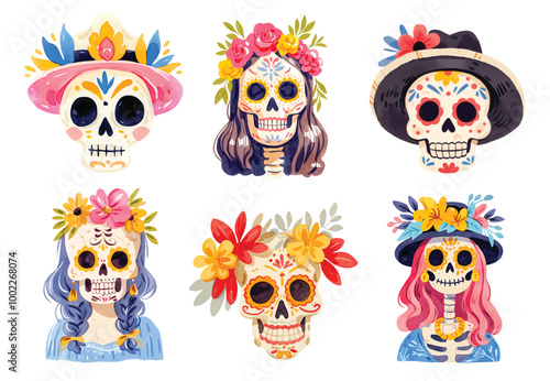 The Day of the Dead is a holiday traditionally celebrated on November 1 and 2, with two skeletons dancing and playing guitar,confeti with violet background