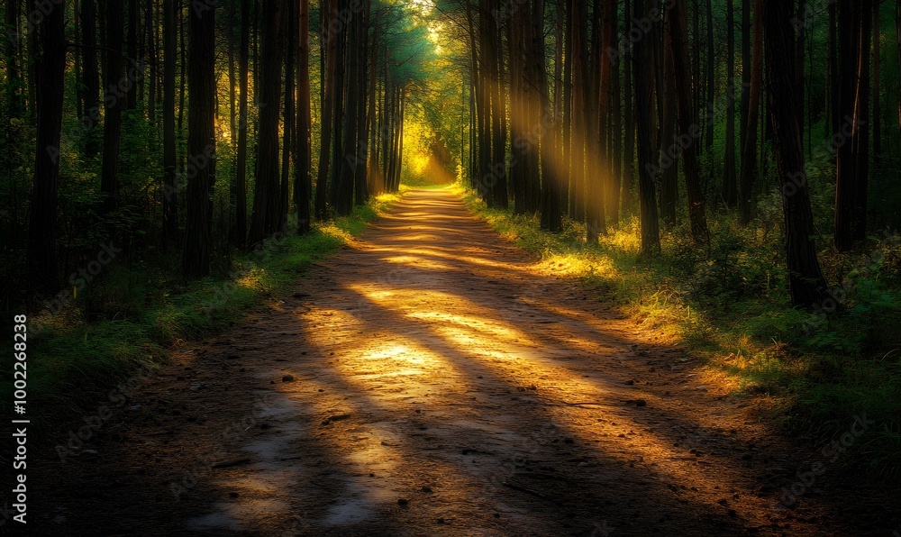 Obraz premium A serene forest path illuminated by soft, dappled sunlight, casting long shadows on the earthy trail, Generative AI 
