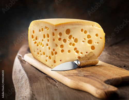 Block of Emmental cheese on wooden cutting board on table. photo