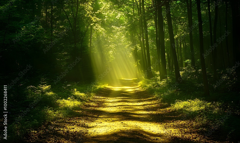 Fototapeta premium A serene forest path illuminated by soft, dappled sunlight, casting long shadows on the earthy trail, Generative AI 