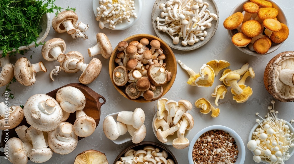 Gourmet Mushrooms Variety Top Down View Gourmet Mushrooms Variety Top Down View