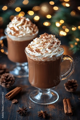 Delicious hot chocolate with whipped cream, served in clear mugs against a fe...