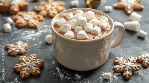 Cozy hot chocolate topped with marshmallows and decorative cookies during win...
