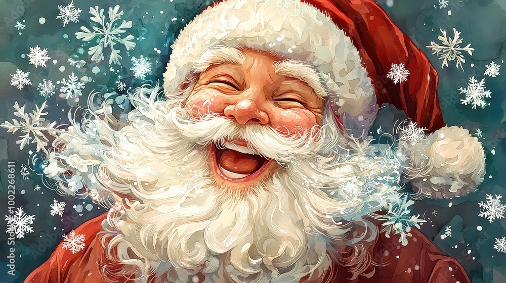 Cheerful Santa Claus with a big smile and fluffy beard, surrounded by falling snowflakes, brings warmth and joy for the holidays. Cheerful Santa Claus with a big smile and fluffy beard, surrounded by falling snowflakes, brings warmth and joy for the holidays.