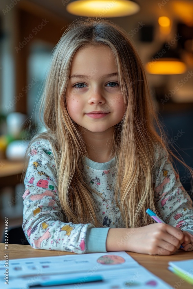 Young girl coloring at a cozy table in a bright, inviting indoor space Young girl coloring at a cozy table in a bright, inviting indoor space