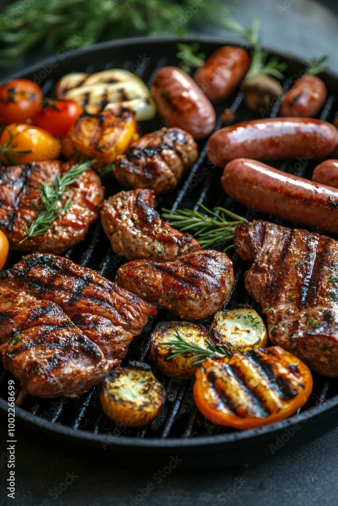 Grilling a delicious assortment of sausages, steaks, and vegetables during a summer barbecue Grilling a delicious assortment of sausages, steaks, and vegetables during a summer barbecue