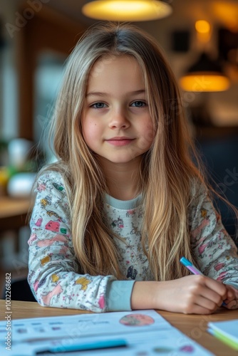 Young girl coloring at a cozy table in a bright, inviting indoor space