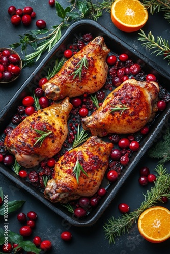 Festive roasted turkey legs with herbs and cranberries on a holiday-themed se...