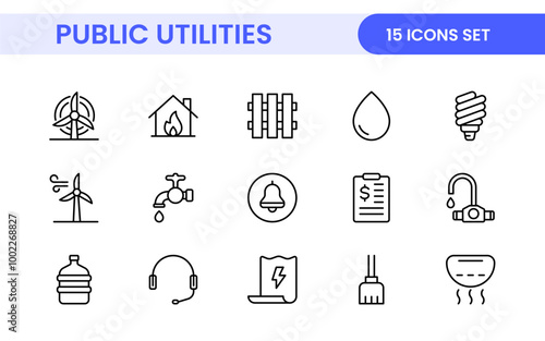 Public utilities linear signed icon collection. Signed thin line icons collection. Set of public utilities simple outline icons.
