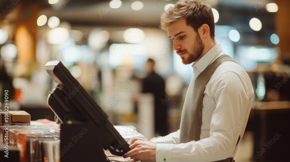 Fototapeta premium Man Working at a Cash Register in a Retail Store