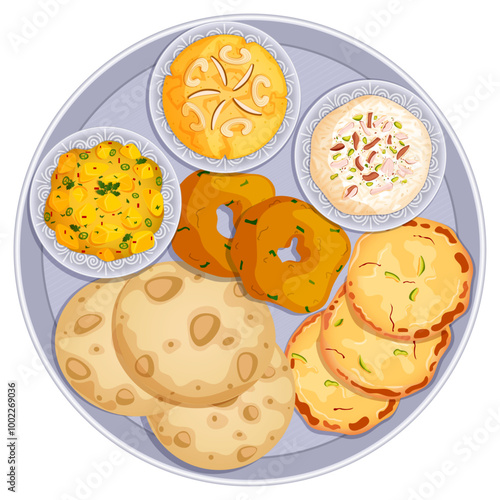 Diwali Traditional Food Thali - Puries, Potato Curry, Suji Halwa, Kheer, Malpua and Medu Vadai - Authentic Indian Food Detailed Illustration 