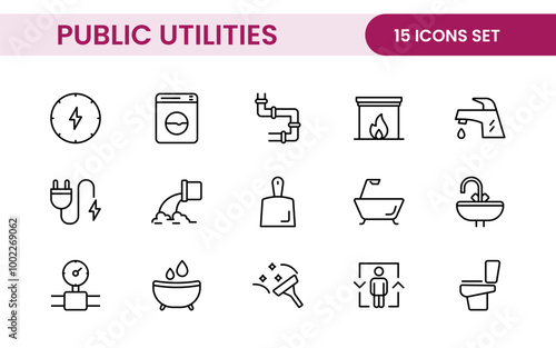 Public utilities linear signed icon collection. Signed thin line icons collection. Set of public utilities simple outline icons.