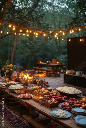 Cozy outdoor cinema setup with fire pit in an autumn forest cabin during the ...